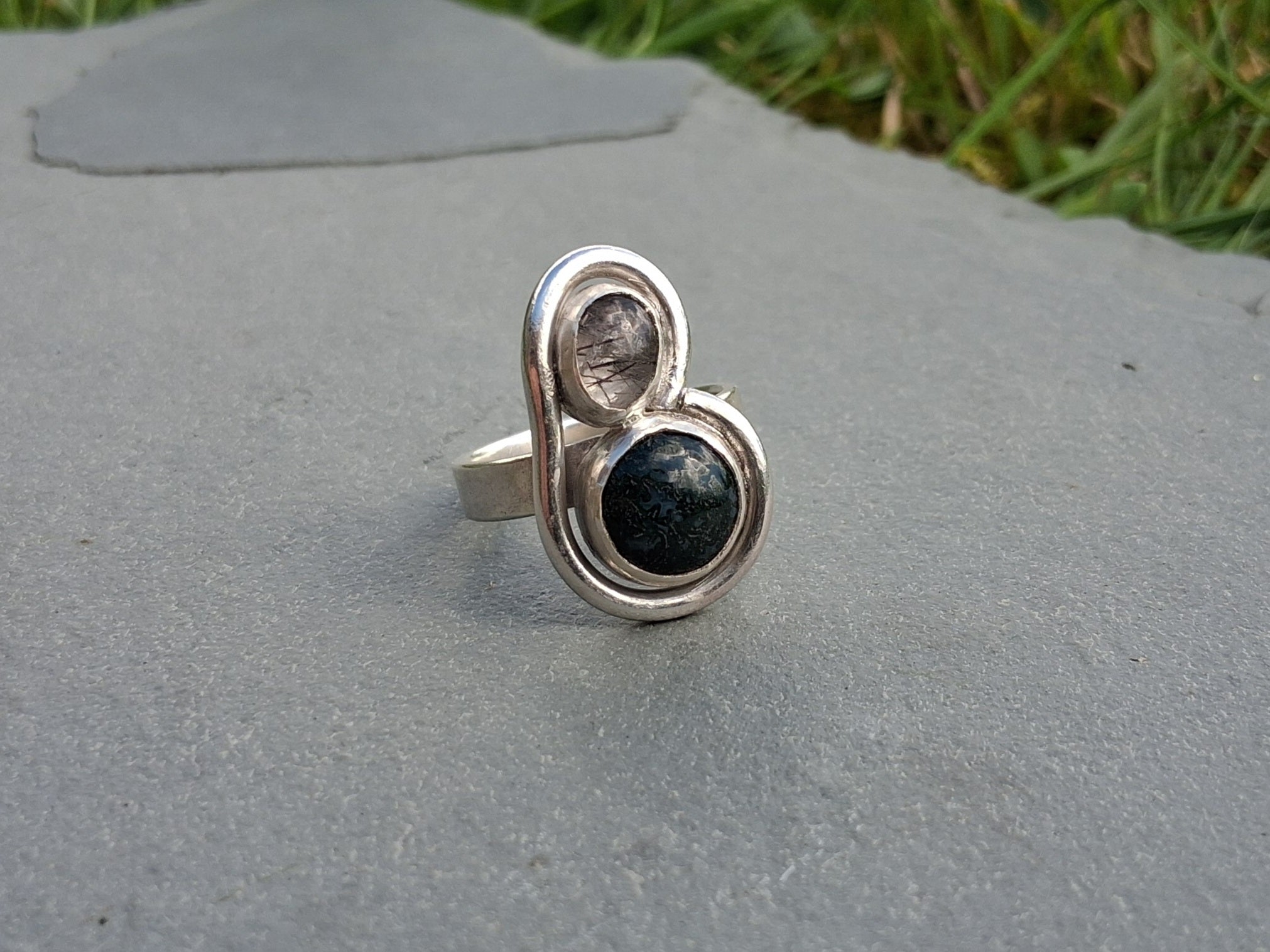Tourmalinated quartz and moss agate ring