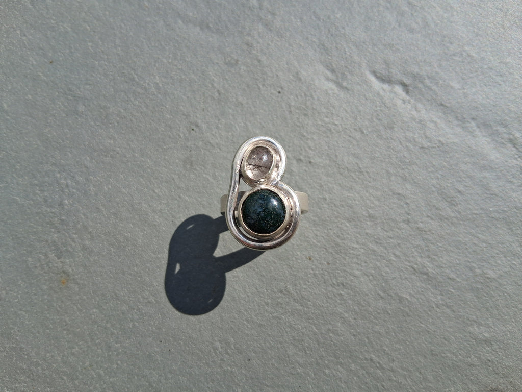 Tourmalinated quartz and moss agate ring