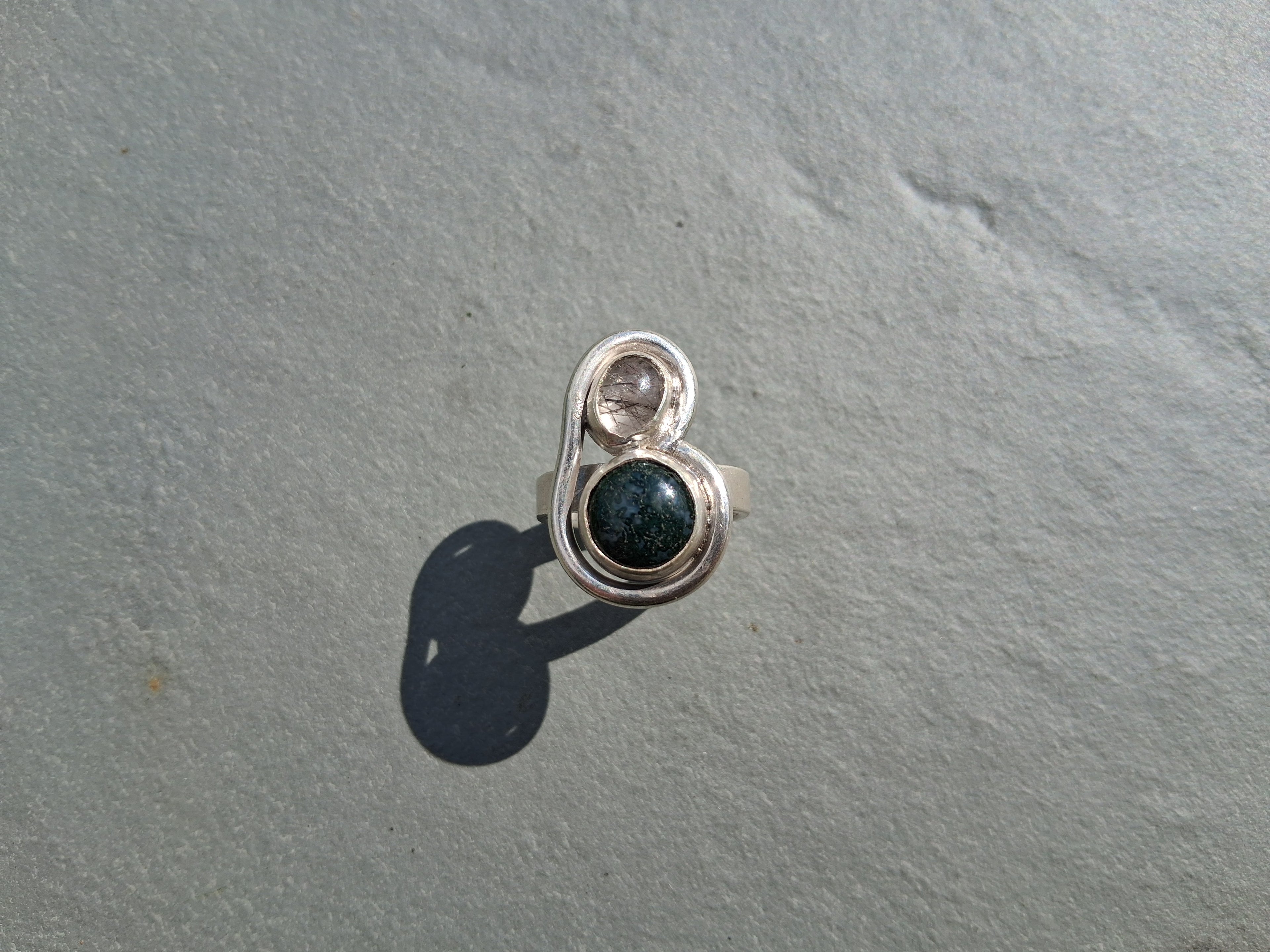 Tourmalinated quartz and moss agate ring