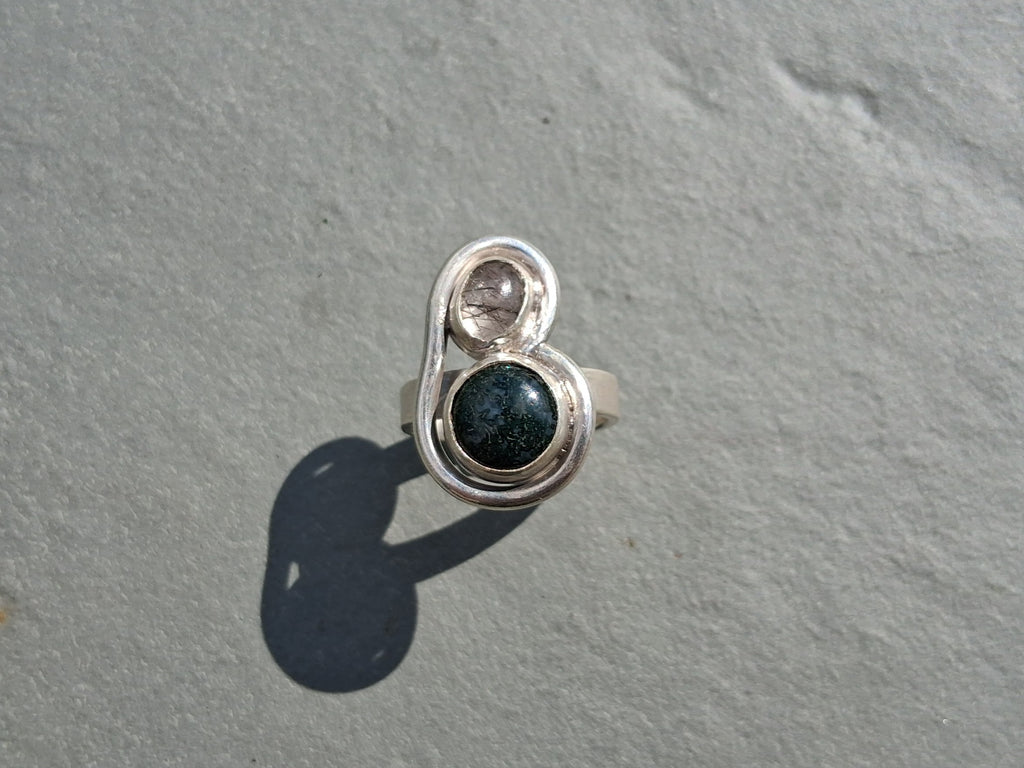 Tourmalinated quartz and moss agate ring