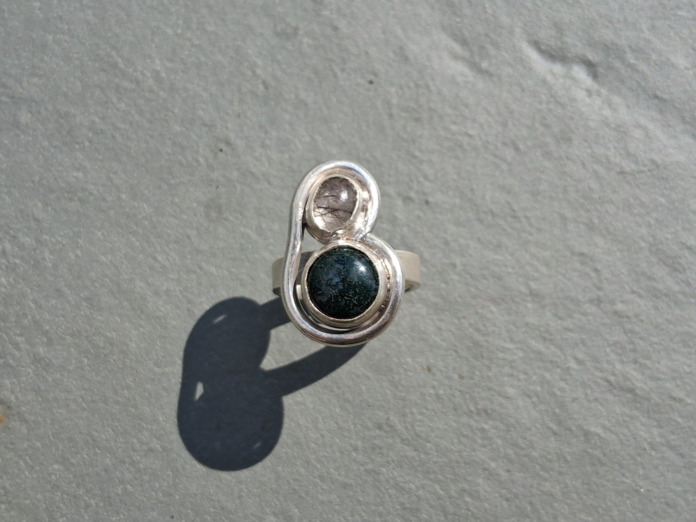 Tourmalinated quartz and moss agate ring