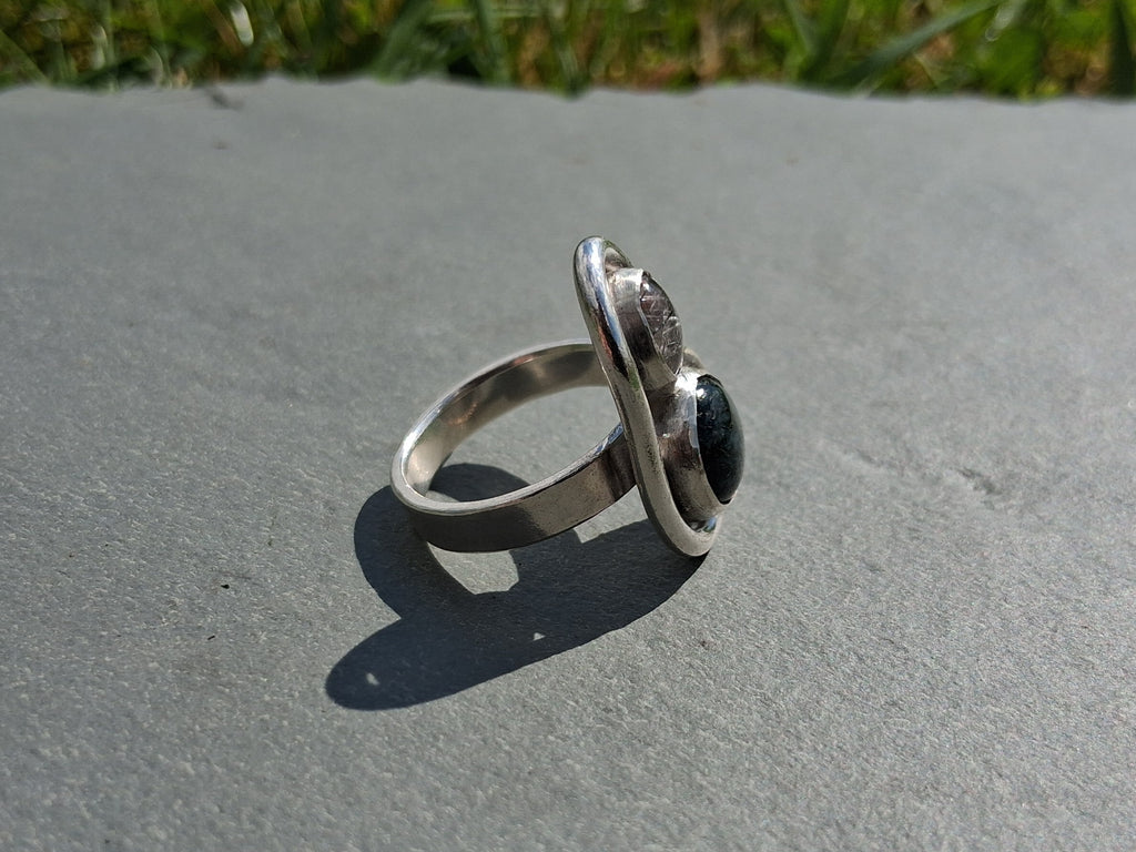 Tourmalinated quartz and moss agate ring
